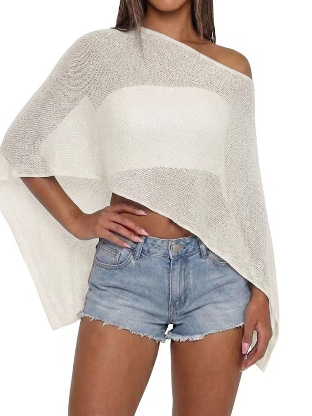 Women Sheer Knit Poncho Top Beach Cover Up Lightweight Crochet Shrug Y2k Summer